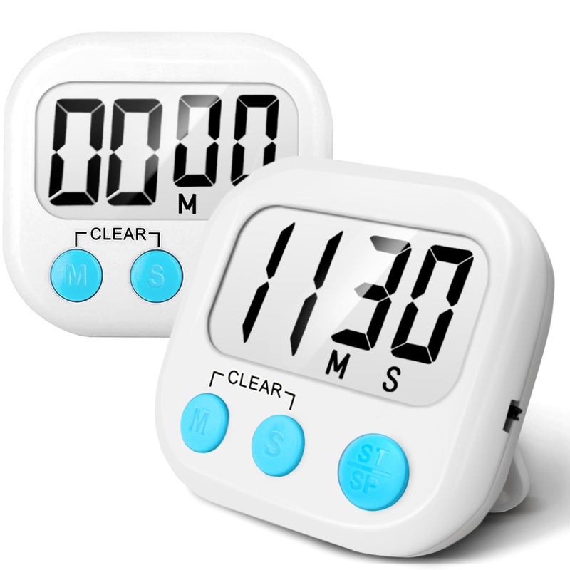 2 Pack Digital Kitchen Timer for Cooking Big Digits Loud Alarm Magnetic Backing Stand Cooking Timers for Baking White
