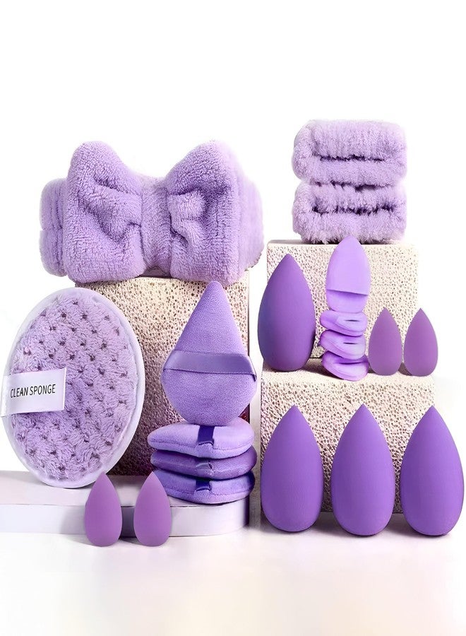 Gege bear Multi-Shape Makeup Sponge Set | 20 Piece Beauty Puff Collection with Headband and Clean Sponge | Pink, Purple, Beige & Bright Sets | Face Blender Kit for Cream, Liquid & Powder | Aesthetic and Functional Makeup Tool (Lavender, 20Pcs) - Image 1