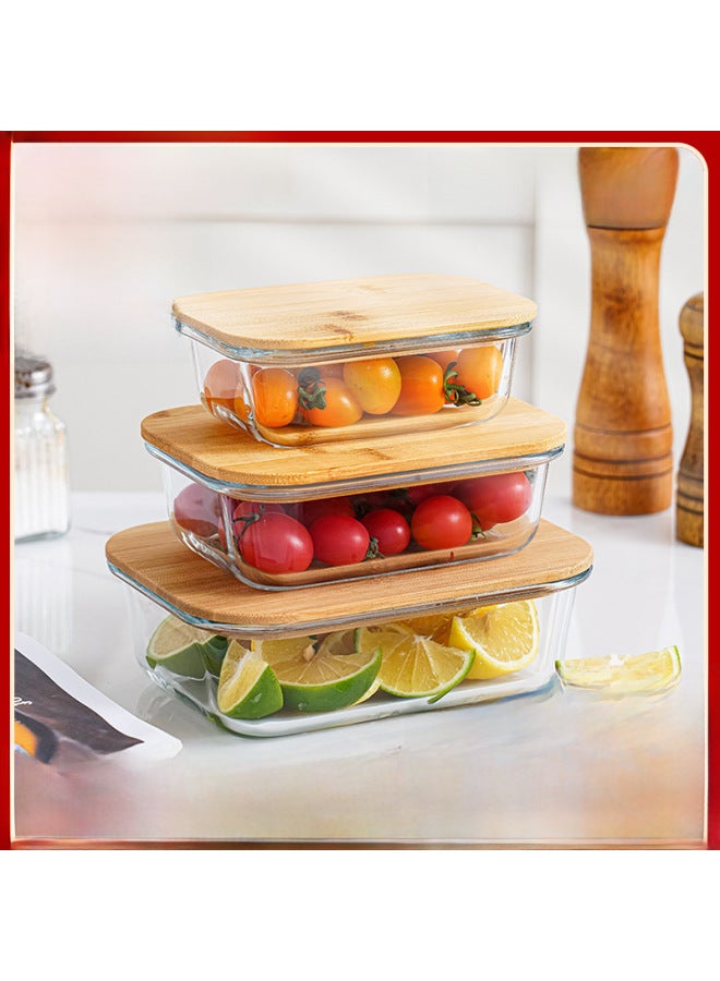 Bamboo And Wood Lid Preservation Box Set Gift Glass Lunch Box Special Preservation Bowl For Microwave Oven Food Grade Meal Lunch Box-Specifications:Bamboo Wood Length 1520ml  - Image 2