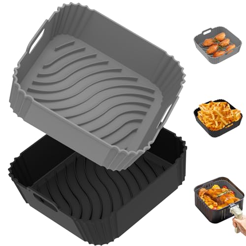 Redfly 2 Pack Silicone Air Fryer Liners, Square Reusable Non-Stick Basket Inserts for 4-5 QT Air Fryers, Dishwasher Safe Parchment Paper Replacement Accessories Gray & Black - Image 1