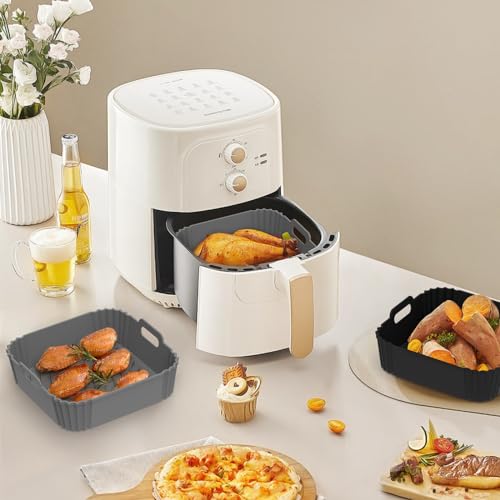 Redfly 2 Pack Silicone Air Fryer Liners, Square Reusable Non-Stick Basket Inserts for 4-5 QT Air Fryers, Dishwasher Safe Parchment Paper Replacement Accessories Gray & Black - Image 2