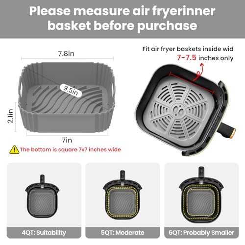 Redfly 2 Pack Silicone Air Fryer Liners, Square Reusable Non-Stick Basket Inserts for 4-5 QT Air Fryers, Dishwasher Safe Parchment Paper Replacement Accessories Gray & Black - Image 3