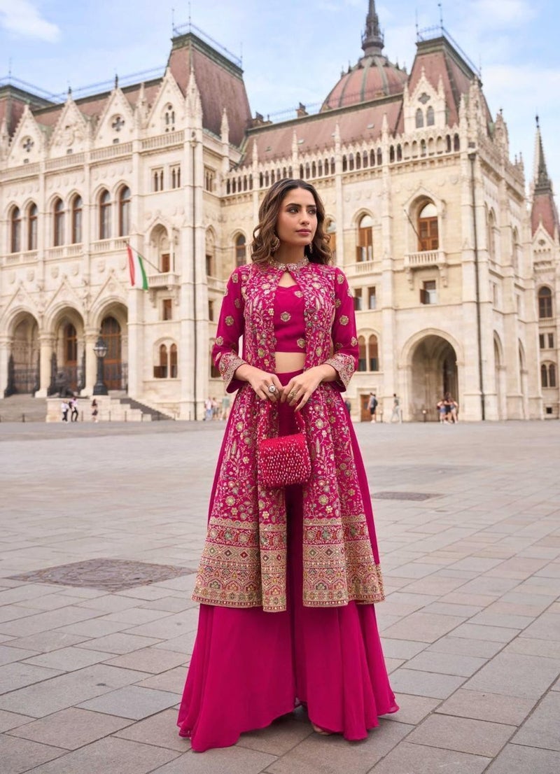 ANAITA Magenta Georgette Free Size Stitched Suit with Embroidery & Beats Work - Image 1