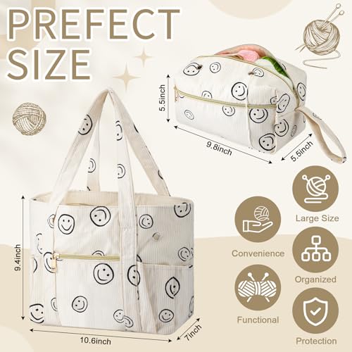 Bulyoou 2 Pcs Crochet Bag and Tote Set Corduroy Yarn Bag for Crocheting Storage Hooks Organizer Smile Face Design Yarn Holder for Mothers Day Gift Women Lovers Knitting Accessories - Image 3