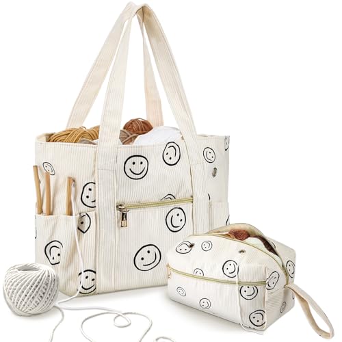Bulyoou 2 Pcs Crochet Bag and Tote Set Corduroy Yarn Bag for Crocheting Storage Hooks Organizer Smile Face Design Yarn Holder for Mothers Day Gift Women Lovers Knitting Accessories - Image 1