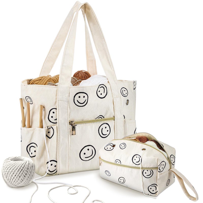 Bulyoou 2 Pcs Crochet Bag and Tote Set Corduroy Yarn Bag for Crocheting Storage Hooks Organizer Smile Face Design Yarn Holder for Mothers Day Gift Women Lovers Knitting Accessories - Image 2