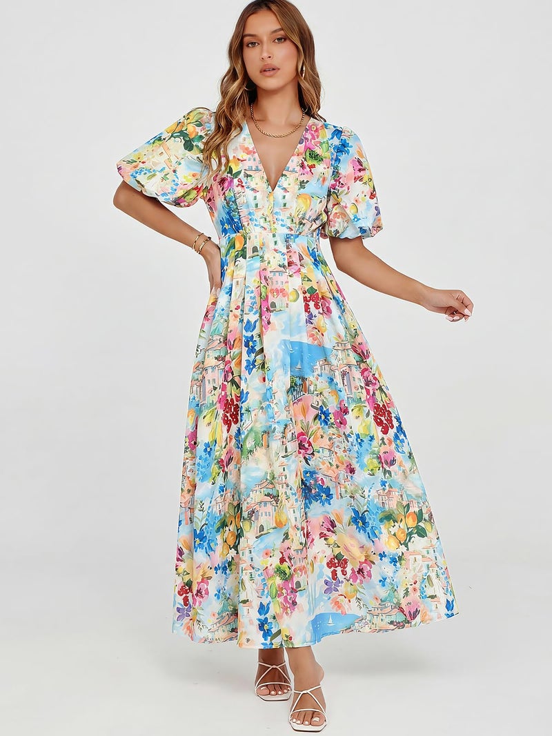 Maxigerui Women's Summer Floral Maxi Dress Spring Wedding Guest Dress 2026 Blue Mediterranean Print M - Image 5
