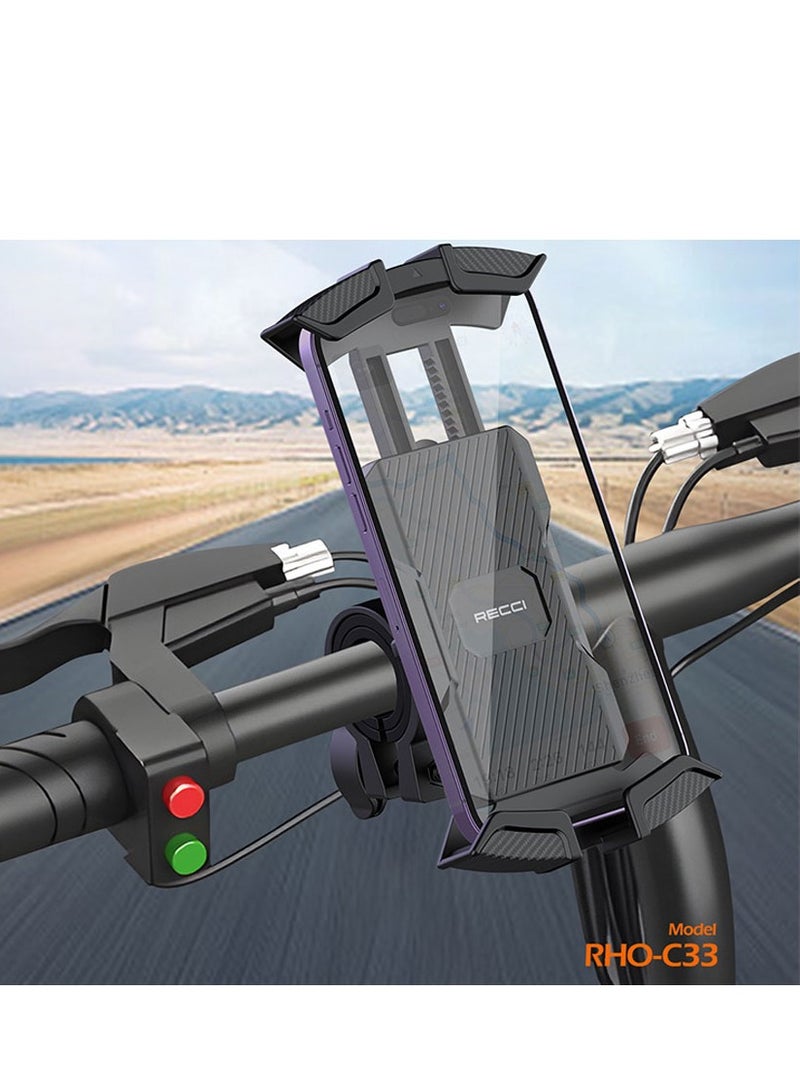 ريتشي حامل جوال للدراجات النارية RECCI RHO-C33 – تثبيت على المقود 137-189 ملم، دوران 360°، قبضة آمنة مضادة للانزلاق، مضاد للصدمات مصنوع من سيليكون + ABS + بولي كربونات مقاوم للحريق، مع منفذ شحن، متوافق مع الدراجات النارية والدراجات الهوائية والسكوترات الكهربائية – حامل جوال قوي ومتعدد الاستخدامات للقيادة الآمنة - Image 2