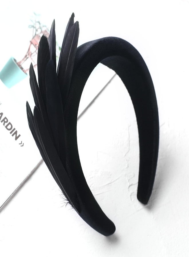 Zinniday Women's 1920s Feather Headband - Black Goose Feather Fascinators Fashion Elegant Headband Classic Velvet Headpiece for Women Girls Events and Party - Image 2