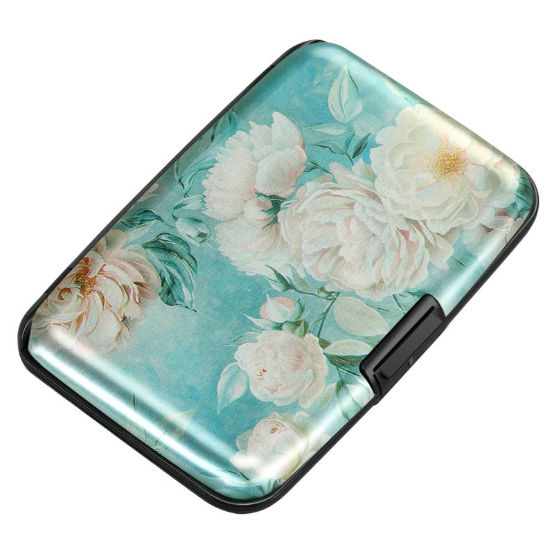 ELFISH Mini RFID Aluminum Wallet Credit Cards Holder Business Card Case Metal ID Case for Men Women(White peony) - Image 1