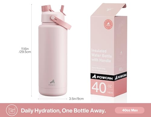 powcan زجاجة ماء معزولة POWCAN سعة 40 أونصة مع غطاء 2 في 1 مع قشة وصنبور، تحافظ على البرودة لمدة 24 ساعة، مقاومة للتسرب، خالية من BPA، زجاجة ماء من الفولاذ المقاوم للصدأ ذات جدار مزدوج للرياضة، الصالة الرياضية، السفر، والمدرسة (قطعة قطنية) - Image 5