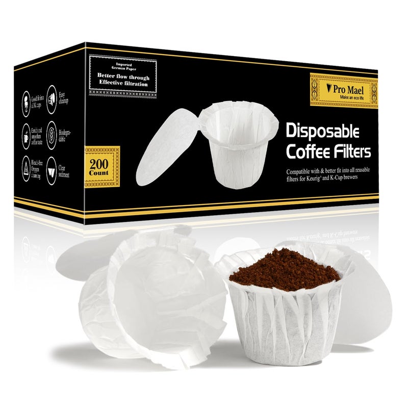 Pro Mael Disposable K Cup Coffee Filters with Lid Coffee Filter Paper for Keurig Brewers Single Serve 10 and 20 Use with Resusable K Cup Pods White 200 Count