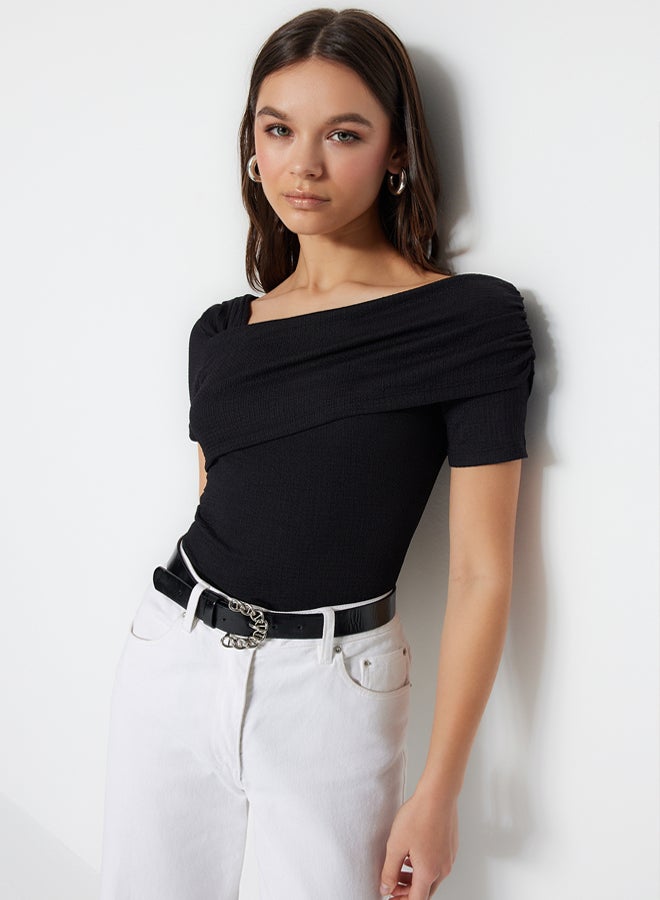 trendyol Black Asymmetrical Collar Fitted/Slip-On Knitted Bodysuit - Image 2