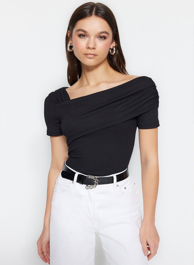 trendyol Black Asymmetrical Collar Fitted/Slip-On Knitted Bodysuit - Image 1