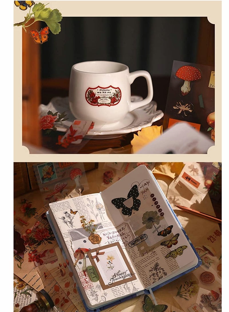 KASTWAVE 100 Sheets Vintage Flowers Aesthetic Sticker Set, Cute Floral Plants Mushroom Butterfly PET Transparent Self Adhesive Scrapbooking Stickers for Journaling Laptops Phone Cases Gift tags Photo Albums - Image 4