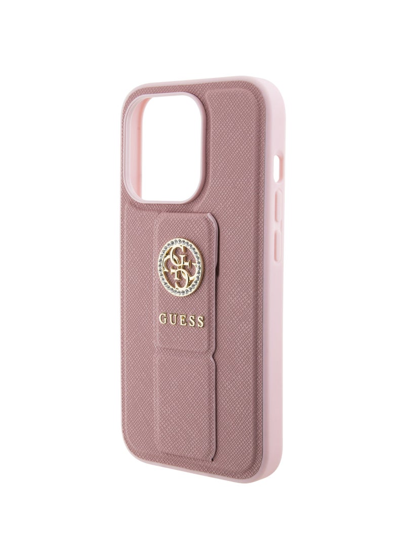 GUESS iPhone 15 Pro Case Grip stand Saffiano with 4G Strass Metal Logo / Damage and Scratch Protection - Pink - Image 4