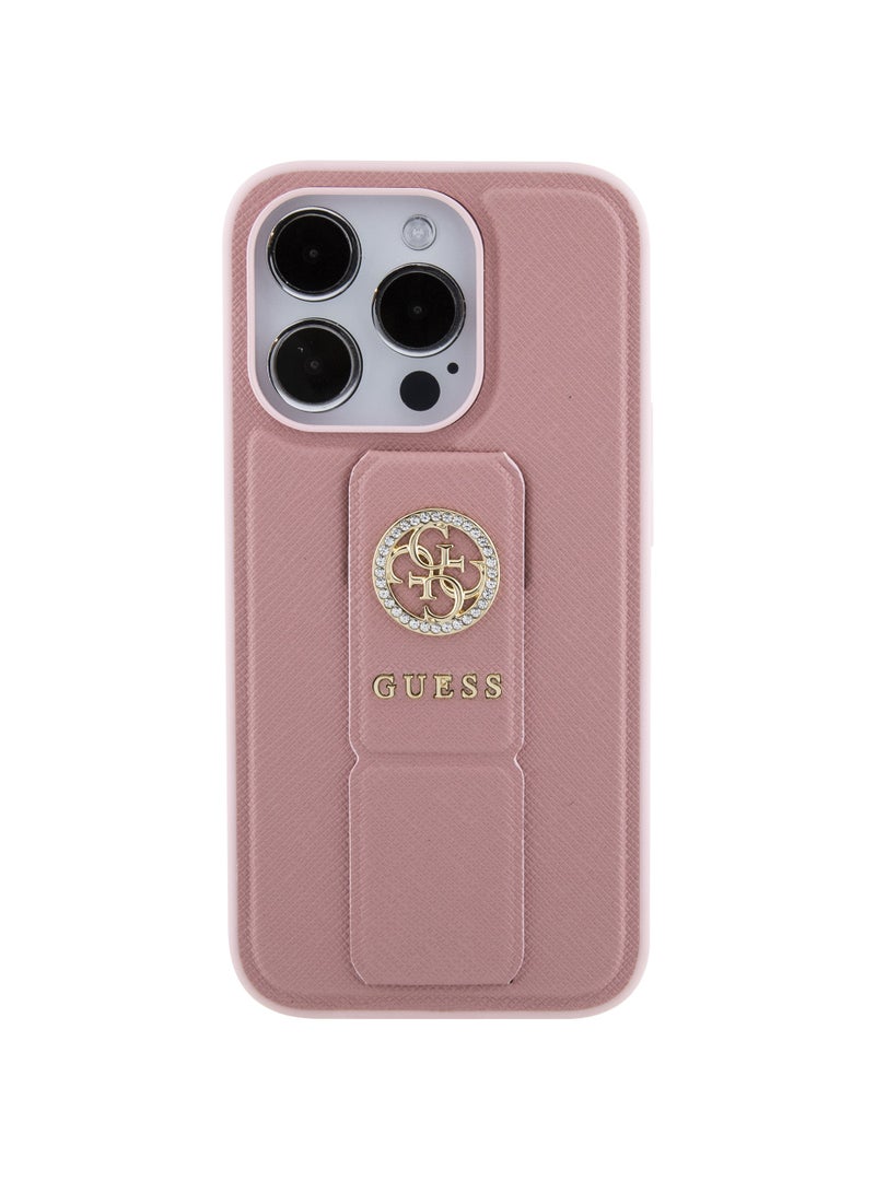 GUESS iPhone 15 Pro Case Grip stand Saffiano with 4G Strass Metal Logo / Damage and Scratch Protection - Pink - Image 1