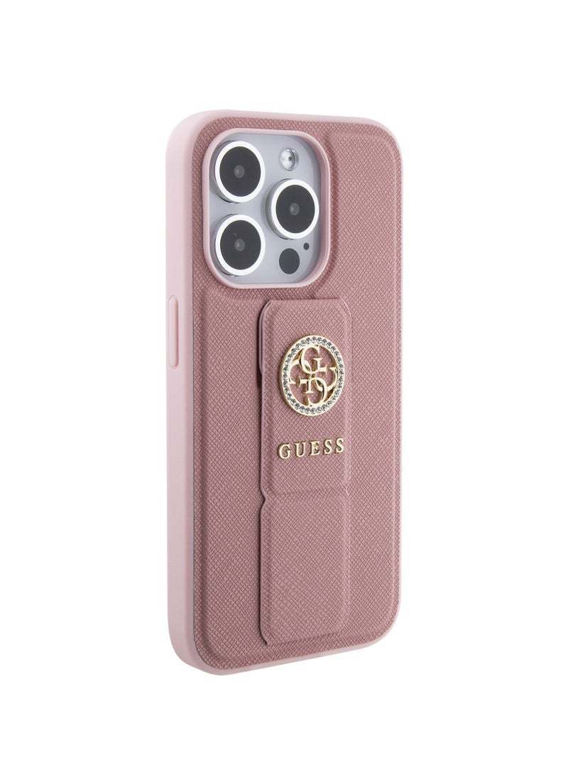 GUESS iPhone 15 Pro Case Grip stand Saffiano with 4G Strass Metal Logo / Damage and Scratch Protection - Pink - Image 3