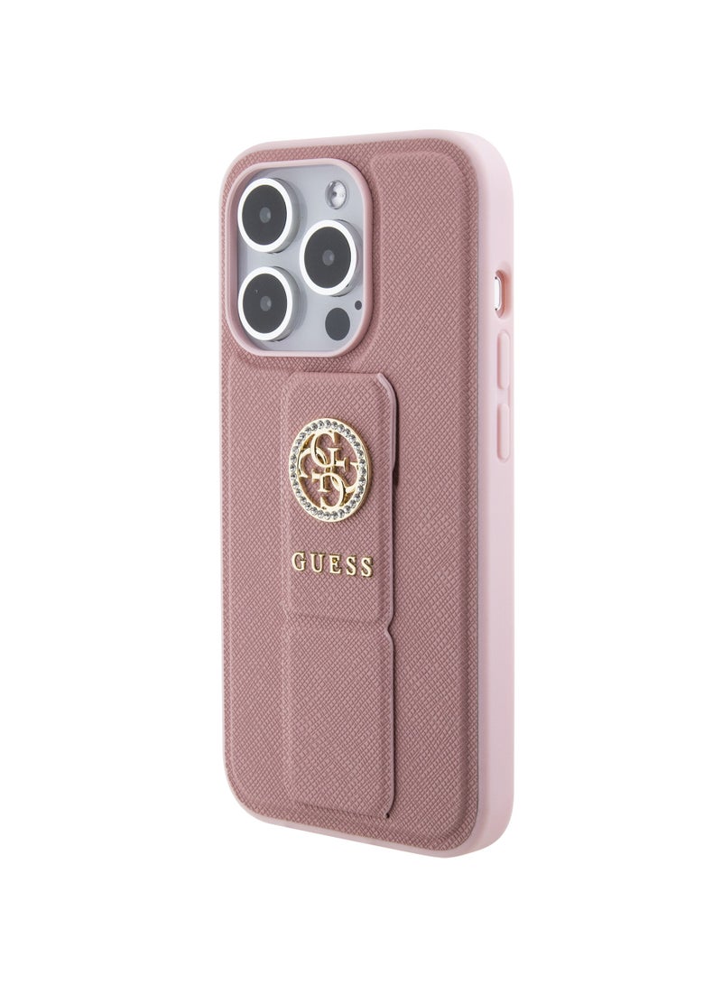 GUESS iPhone 15 Pro Case Grip stand Saffiano with 4G Strass Metal Logo / Damage and Scratch Protection - Pink - Image 2