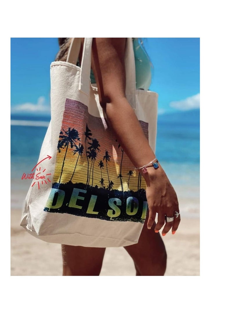 Del Sol Color Change Beach Bag Canvas Color Changing under the sun by Del Sol Hibiscus design  - Image 4
