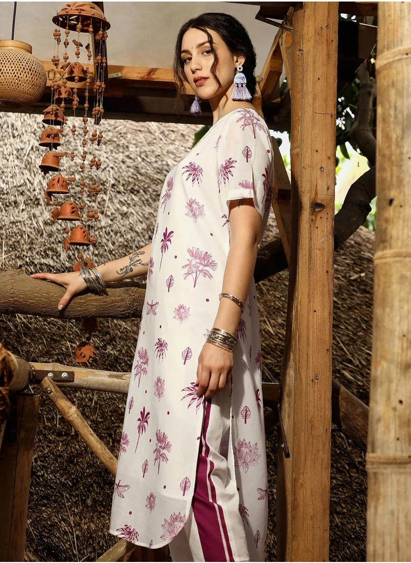 QISSA Women's Plum Purple Dragonfly Palm Kurta With Trousers