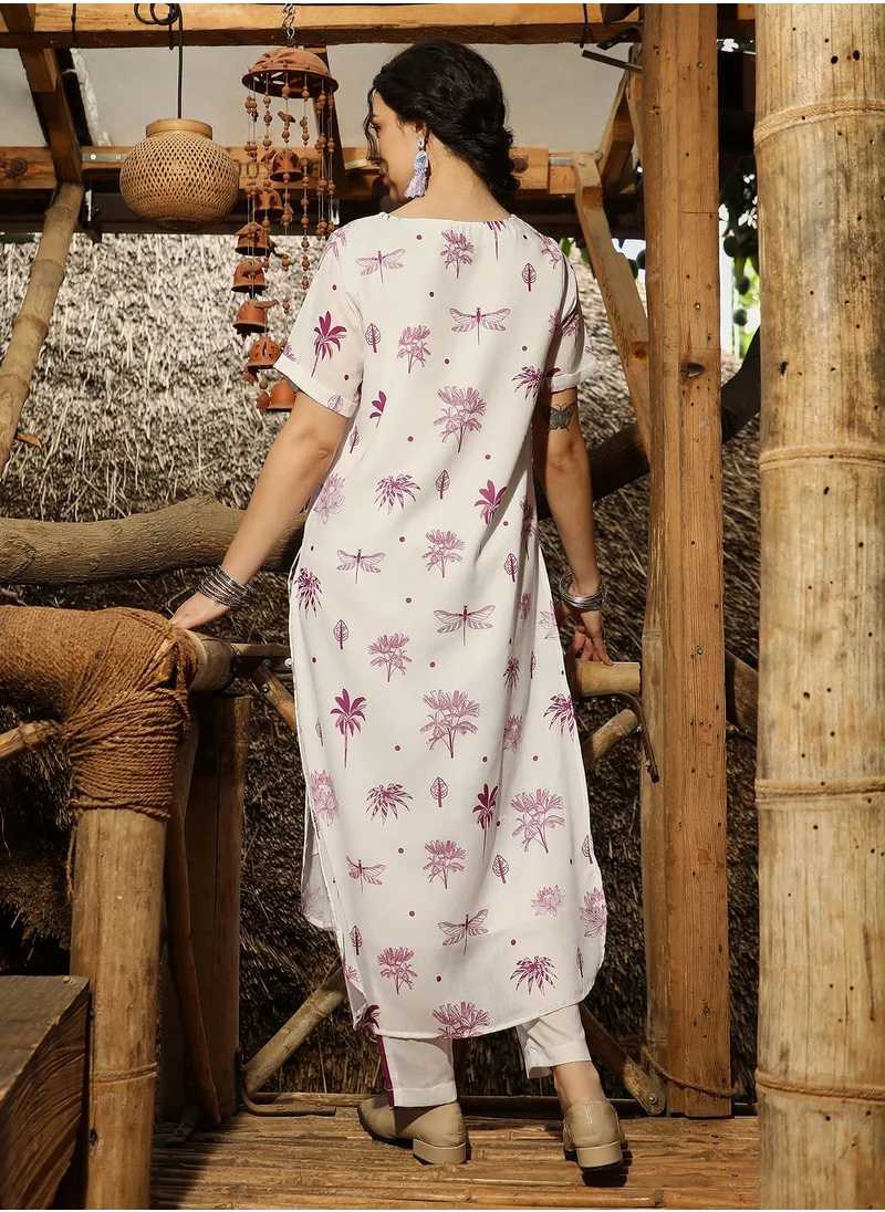 QISSA Women's Plum Purple Dragonfly Palm Kurta With Trousers
