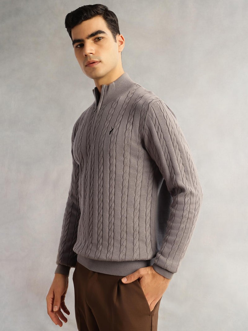 Thomas Scott Men's | Regular Fit | Long Sleeves | Mock Collar | 100% Cotton | Dry Clean | Cable Knit | Knitted | Pullover Sweater (TSFK27_Grey_2XL) - Image 3