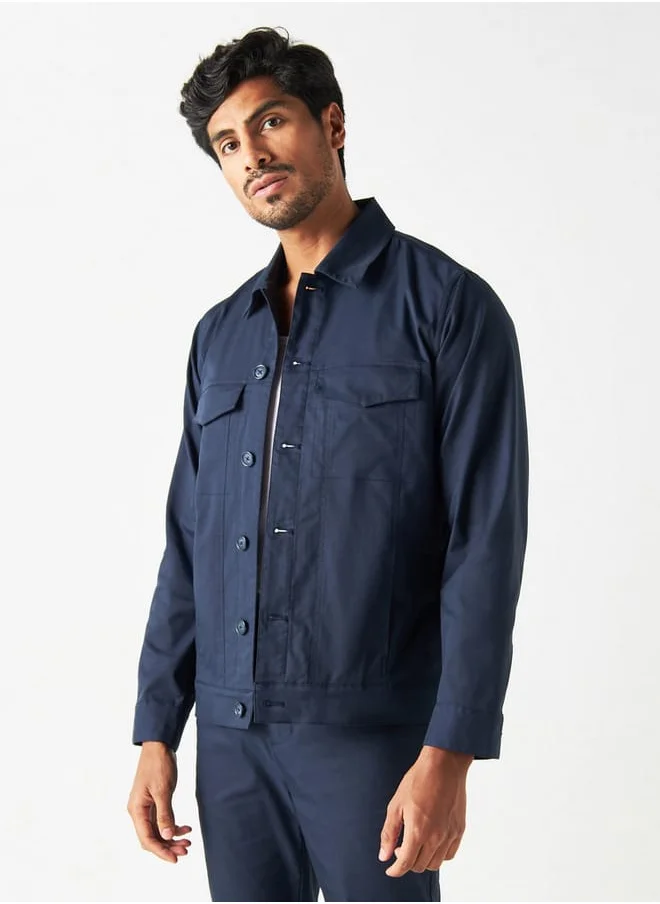 Iconic Iconic Solid Button Through Shacket with Long Sleeves and Flap Pockets