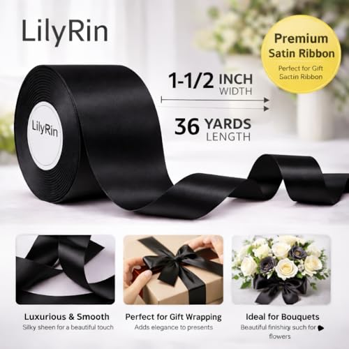 LilyRin Black Ribbon 1-1/2 Inch 36 Yards Halloween Satin Roll Perfect for Scrapbooking Art Wedding 1.5 Wreath Baby Shower Packing Floral Birthday Wrapping DIY Hair Bows Corset Christmas Handmade Birthday Box - Image 5