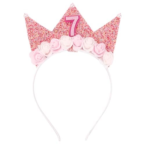 SuPoo 7th Birthday Girl Headband Crown Glitter Hair Band Party Decorations 7 Year Old Happy Princess Tiara Flower Hair Accessory - Image 1