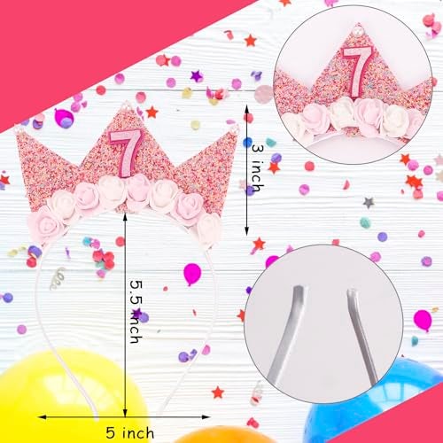 SuPoo 7th Birthday Girl Headband Crown Glitter Hair Band Party Decorations 7 Year Old Happy Princess Tiara Flower Hair Accessory - Image 5