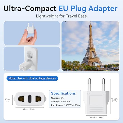 Unidapt 4 Pack European Travel Plug Adapter, Unidapt US to Europe Plug Adapter, European Adapter Type C Pin Adaptor, Outlet Converter America USA to Europe Italy Spain Germany France EU, Power Plug, White - Image 3