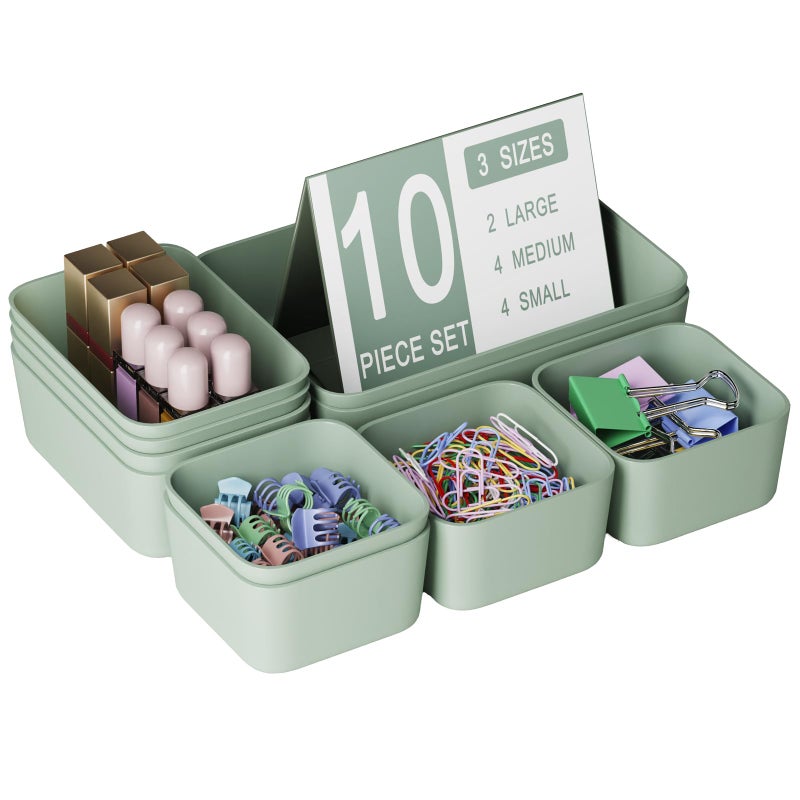 Homhut Plastic Drawer Organizers 10 PCS Drawer Organizer Bins Bathroom and Vanity Organizer Plastic Tray Makeup organizer and storage for Makeup Bedroom Kitchen Gadgets Utensils and Office Green - Image 2
