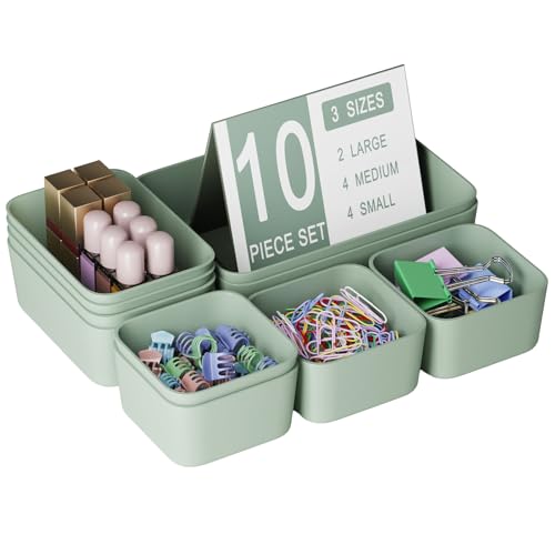 Homhut Plastic Drawer Organizers 10 PCS Drawer Organizer Bins Bathroom and Vanity Organizer Plastic Tray Makeup organizer and storage for Makeup Bedroom Kitchen Gadgets Utensils and Office Green - Image 1