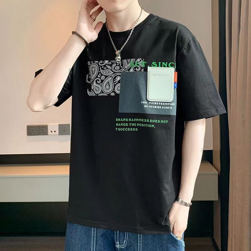 Summer Thin Ice Silk Short-Sleeved T-Shirt Men'S Round Neck Sports Fashion Brand Japanese Style Retro Casual High Street Teenager T-Shirt - Image 1