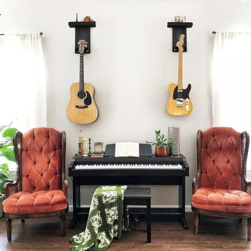 Keebofly Guitar Wall Hanger,2 Pack Guitar Wall Mount Holder Guitar Hanger Shelf with Pick Holder Wood Guitar Rack for Acoustic or Electric Guitar,Ukulele,Bass,Mandolin Black,[Patented] - Image 4