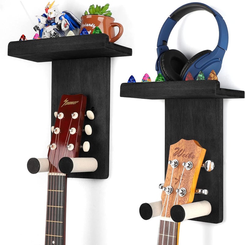 Keebofly Guitar Wall Hanger,2 Pack Guitar Wall Mount Holder Guitar Hanger Shelf with Pick Holder Wood Guitar Rack for Acoustic or Electric Guitar,Ukulele,Bass,Mandolin Black,[Patented] - Image 1