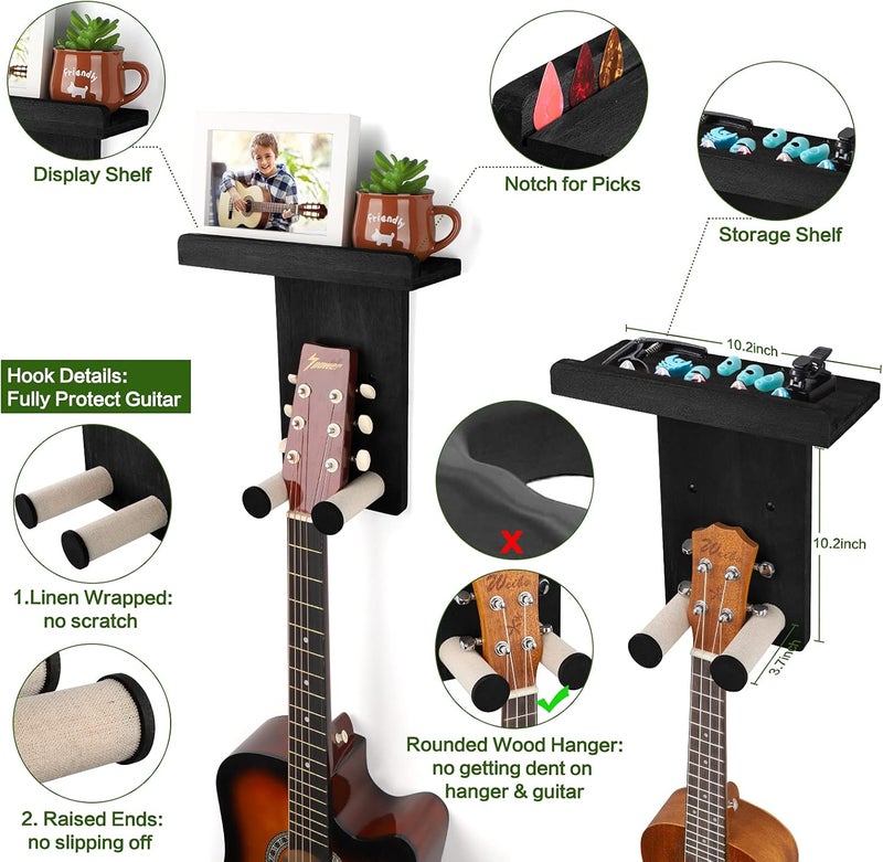 Keebofly Guitar Wall Hanger,2 Pack Guitar Wall Mount Holder Guitar Hanger Shelf with Pick Holder Wood Guitar Rack for Acoustic or Electric Guitar,Ukulele,Bass,Mandolin Black,[Patented] - Image 3