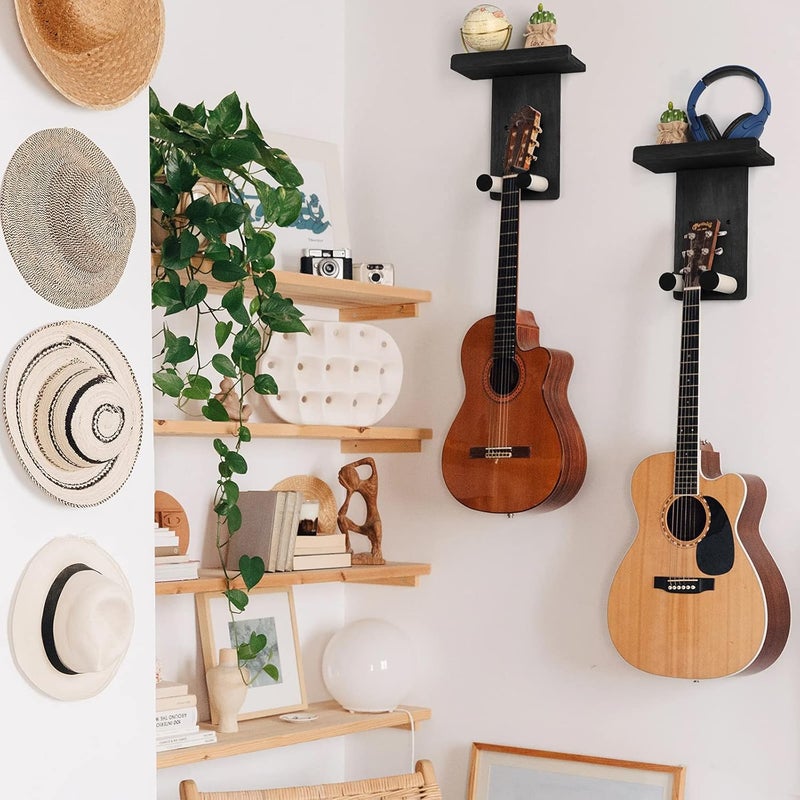 Keebofly Guitar Wall Hanger,2 Pack Guitar Wall Mount Holder Guitar Hanger Shelf with Pick Holder Wood Guitar Rack for Acoustic or Electric Guitar,Ukulele,Bass,Mandolin Black,[Patented] - Image 2
