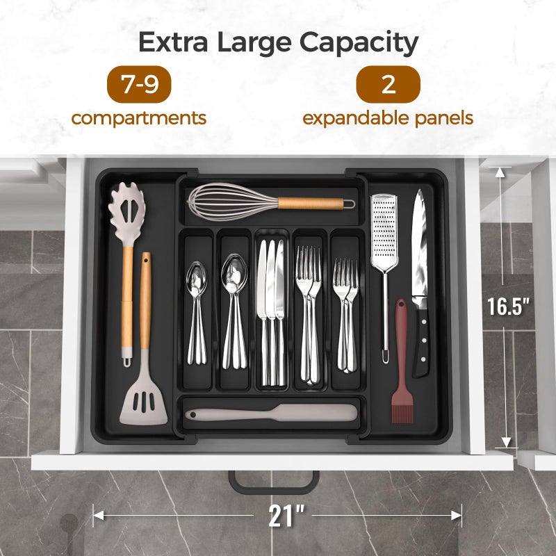 ukeetap Extra Large Expandable Silverware Organizer, BPA-Free Food-Safe Cutlery Flatware Organizer, Kitchen Utensil Drawer Organizer, Adjustable Silverware Holder for Spoons Forks Knives, Black - Image 2