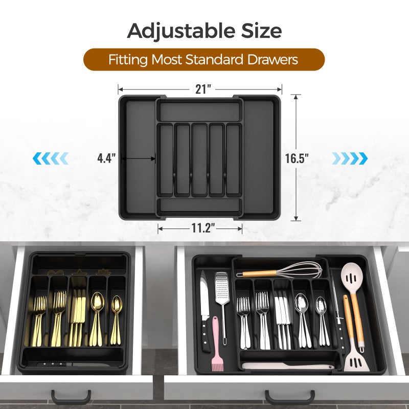 ukeetap Extra Large Expandable Silverware Organizer, BPA-Free Food-Safe Cutlery Flatware Organizer, Kitchen Utensil Drawer Organizer, Adjustable Silverware Holder for Spoons Forks Knives, Black - Image 3