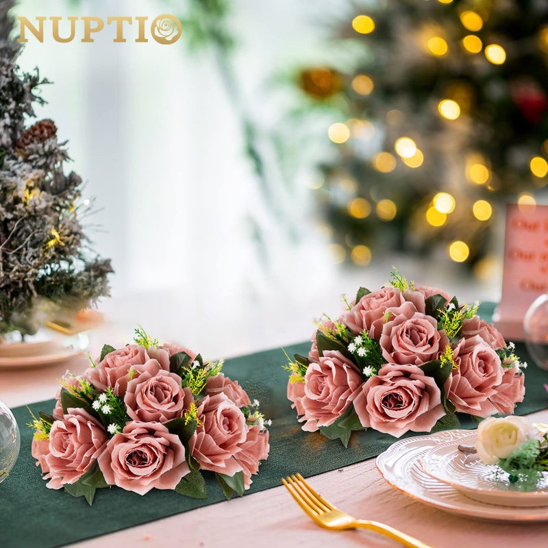 NUPTIO Artificial Flower Centrepieces for Tables - 10 Pcs Dusty Rose Fake Flowers Roses Balls 9.5in Diameter - Silk Faux Rose Arrangement for Wedding Party Centerpiece Table Decorations - Image 2