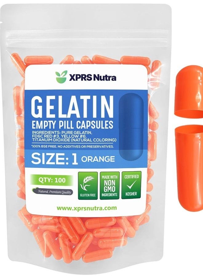 XPRS Nutra - Size 1 Empty Capsules - 100 Count Empty Gelatin Capsules - Empty Pill Capsules - DIY Capsule Filling - Pure Bovine Pill Capsules Empty Gel Caps (Orange) - Image 1