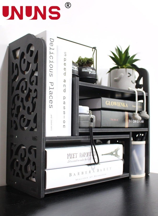 UNUNS Desktop Bookshelf,PVC Expandable Wood Desktop Bookshelf,Desktop Organizer Office Storage Rack,Free Style Rotation Display Shelf,Desk Top Shelfing,Home Decor - Image 1