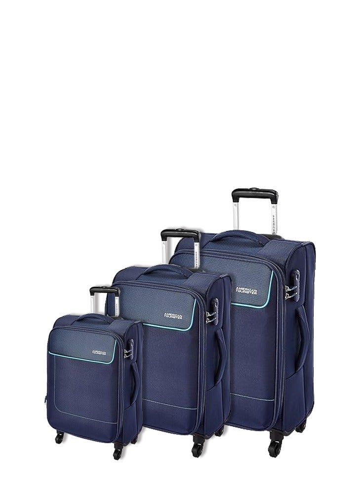 AMERICAN TOURISTER Jamaica Suitcase Set of 3, Cabin, Medium & Large (58 + 69 + 80 CM), 4 Spinner Wheels, Soft Top, 100% Polyester, Navy|TSA Combination Lock|Expandable|Voluminous Front Pocket|Corner Guard|Retractable Aluminum Handle - 3 Years Global Warranty - Image 1