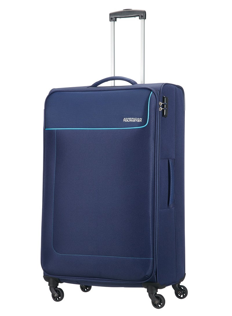 AMERICAN TOURISTER Jamaica Suitcase Set of 3, Cabin, Medium & Large (58 + 69 + 80 CM), 4 Spinner Wheels, Soft Top, 100% Polyester, Navy|TSA Combination Lock|Expandable|Voluminous Front Pocket|Corner Guard|Retractable Aluminum Handle - 3 Years Global Warranty - Image 2