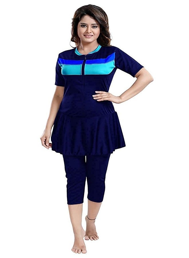 Aquado Womens one -Piece Swimwear, Half Sleeves,capricut, Swimming Costume, Two Way Stretchable Polyester Fabric, U.V.Protection. (38, Navy) - Image 1