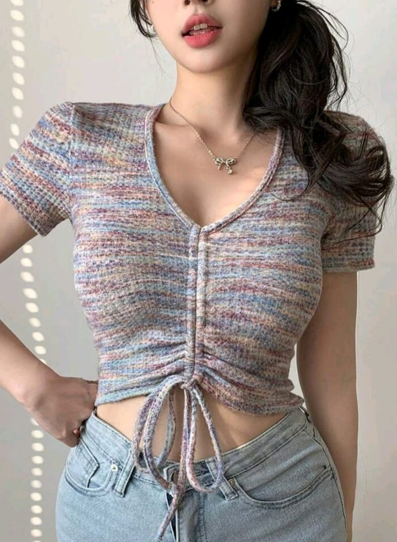 DAZY Fitted V-Neck Drawstring Short Sleeve Women T-Shirt,Crop Tops Women - Image 1