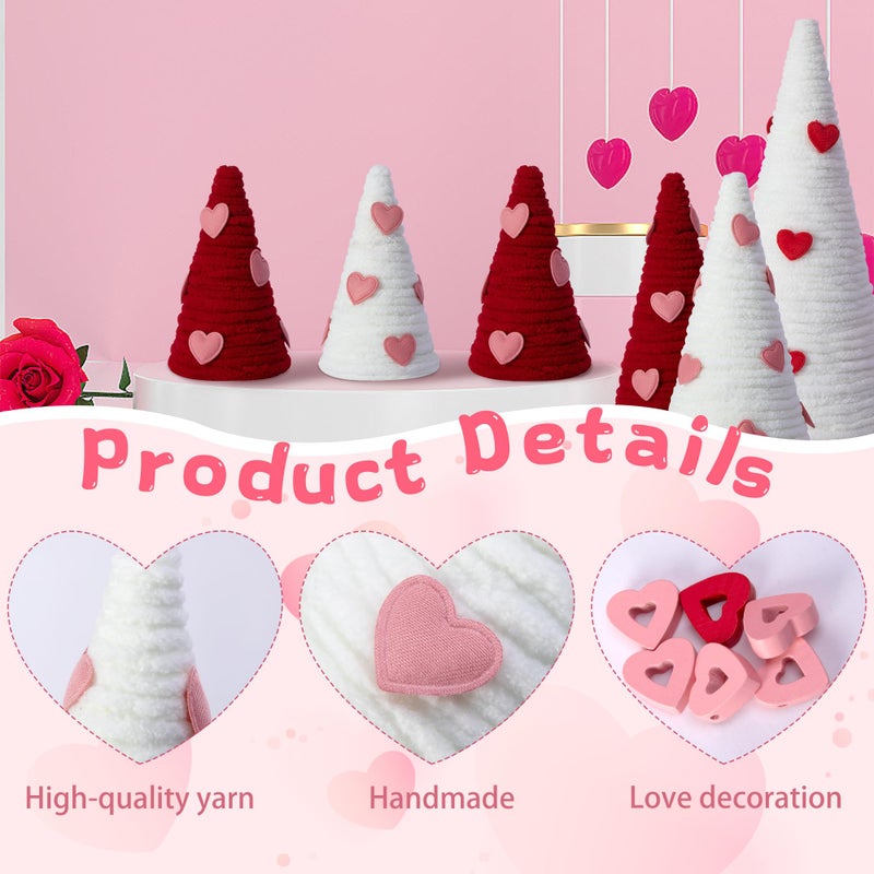 Iceyyyy 6 Pcs Valentine Day Cone Tree Decorations Set-Artificial Yarn Wrapped Mini Trees with Heart Decor-Pink White Valentine's Day Tabletop Tree for Farmhouse Indoor Home Kitchen Decor - Image 3