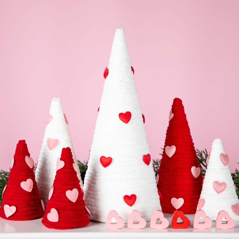 Iceyyyy 6 Pcs Valentine Day Cone Tree Decorations Set-Artificial Yarn Wrapped Mini Trees with Heart Decor-Pink White Valentine's Day Tabletop Tree for Farmhouse Indoor Home Kitchen Decor - Image 1